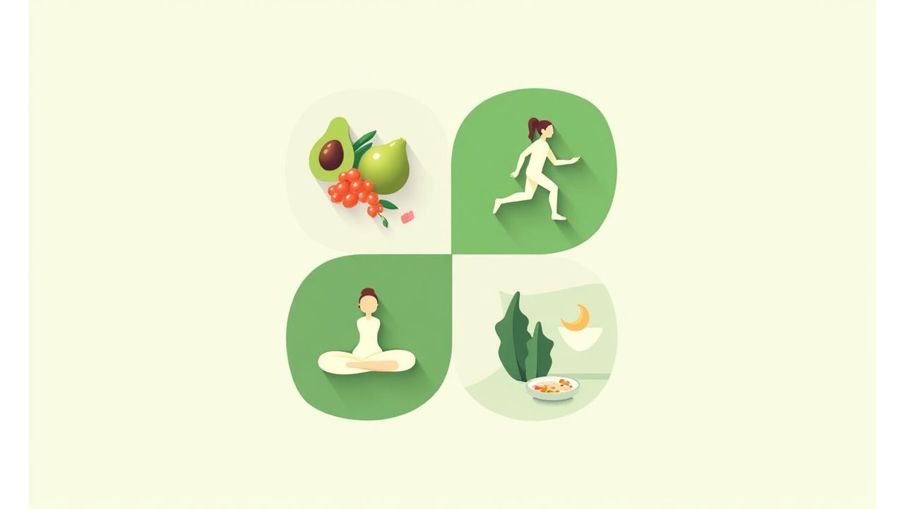 A four-quadrant infographic visually representing nutrition, movement, sleep, and stress management, interconnected to form a holistic wellness plan.