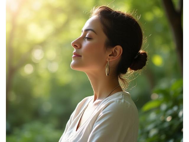 Woman, Sophia Rodriguez, practicing gentle meditation in a serene, green outdoor setting, reflecting reduced stress and improved focus.