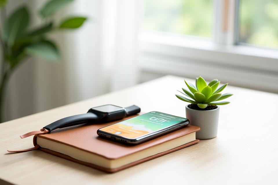 A visual representing a delicate balance between a vintage notebook and a modern smartwatch, symbolizing the integration of low-tech habits with smart tools for wellness.