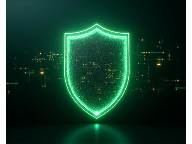 Stylized abstract representation of digital security: glowing green lines forming a strong shield or network grid over a dark, blurred background of server racks.