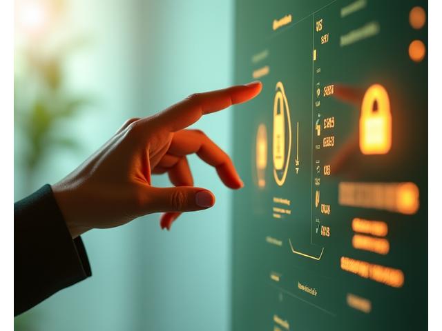 An elegant hand reaching towards a modern digital interface with glowing abstract symbols representing data privacy settings and user controls, against a soft, organic background.