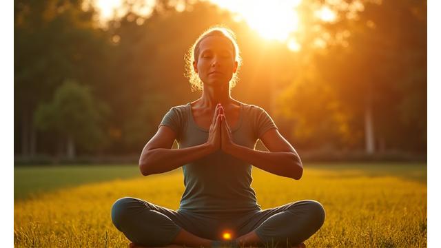A serene outdoor yoga scene with a person aging gracefully, emphasizing mindful aging