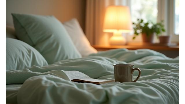 A peaceful bedroom scene at dawn, promoting sleep optimization