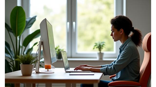 Someone working productively at a clean, ergonomic desk, highlighting workplace wellness