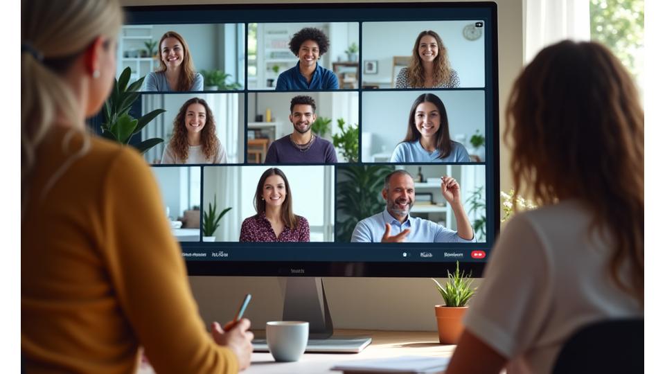 Group of diverse adults participating in an engaging online wellness workshop, with visible video conference elements like chat bubbles and raised hands, showing active discussion and learning.