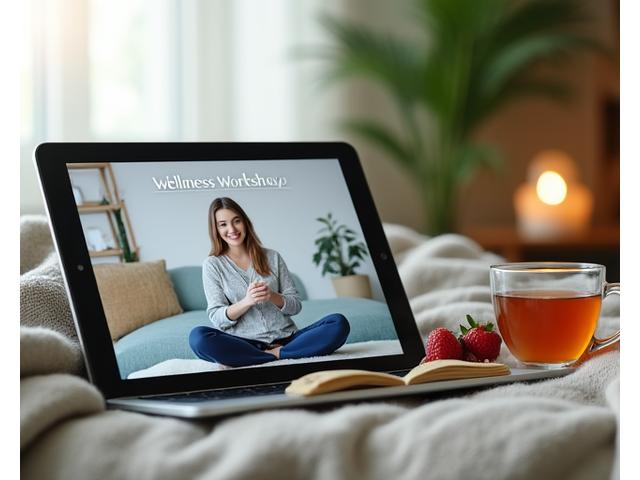 Tablet displaying a video player with a wellness workshop replay, surrounded by comfy home elements like a blanket and a mug, signifying convenient access to the replay library.